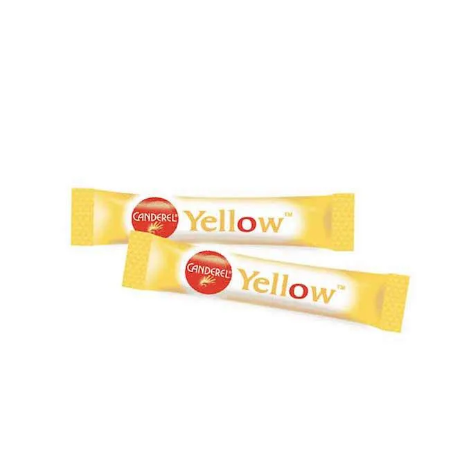 Two Canderel Yellow sweetener sticks shown loose against a white background