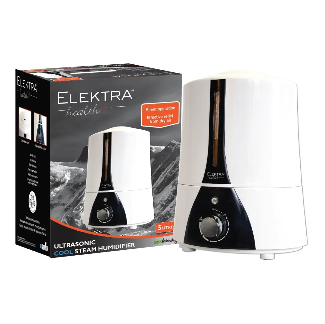 Front of Elektra Cool Steam Humidifier 8077 box with unit shown, 5 litre capacity