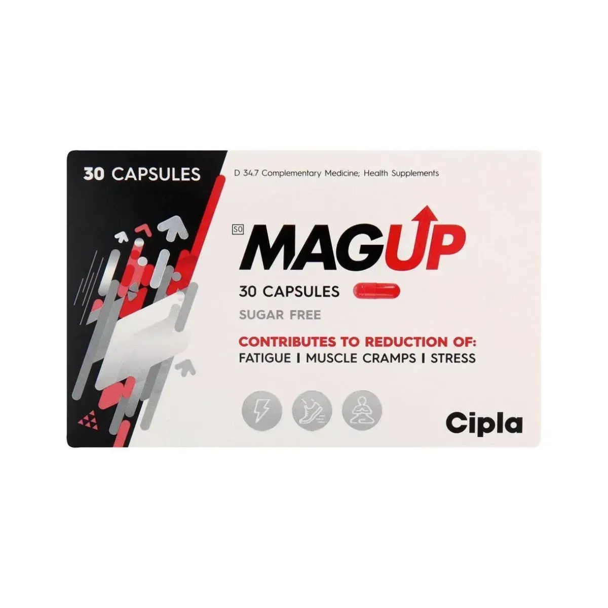 Front of Cipla MagUp 30 Capsules box, studio shot on white background