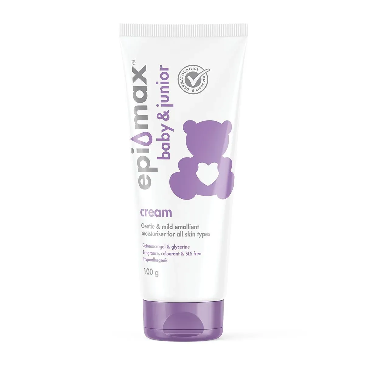 Front of Epimax Baby & Junior Cream 100 g tube on white background