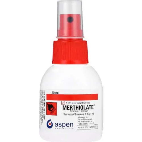 Front of Merthiolate Tincture Spray 30ml bottle by Aspen Pharmacare