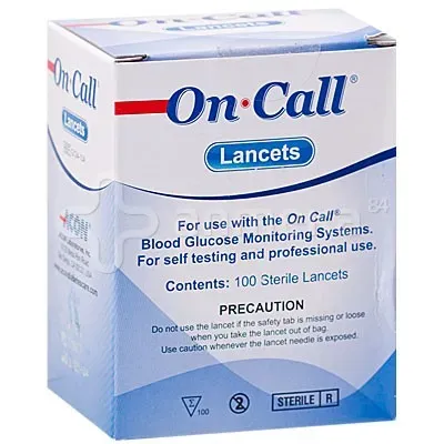 Front of On-Call Lancets box, 100 sterile lancets