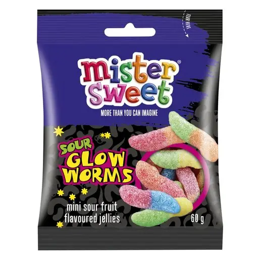 Front of Mister Sweet Sour Glow Worms 60 g pack