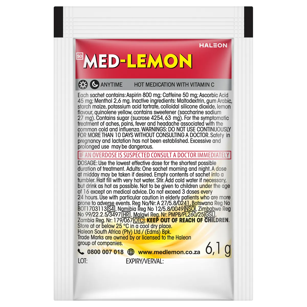 Front of Med-Lemon Single Sachet (6.1 g) Hot Medication with Vitamin C