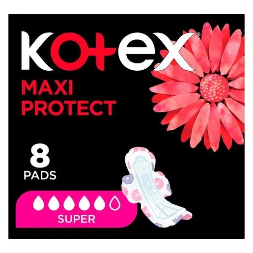 Front of Kotex Maxi Protect Super Maxi Pads 8's box