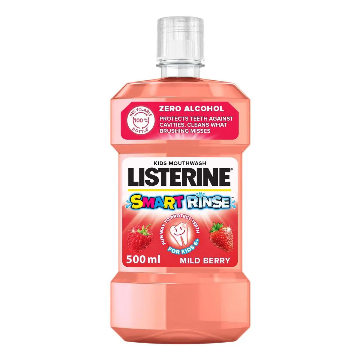 Front of Listerine Smart Rinse for Kids 6+ Mild Berry mouthwash 500 ml bottle