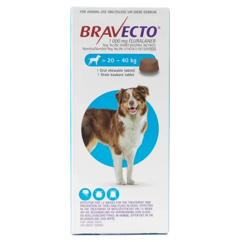 Front of Bravecto 1000mg chewable tablet for large dogs 20-40kg, 1's box