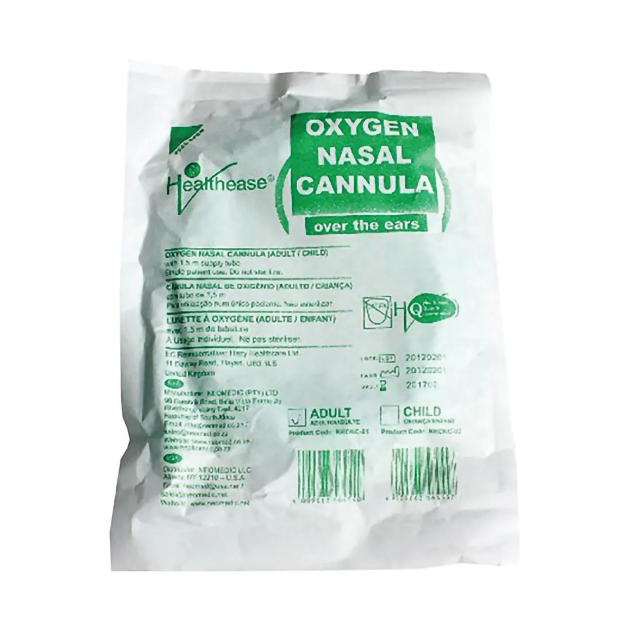 Front of Healthease Oxygen Nasal Cannula Adult 1 Unit pack