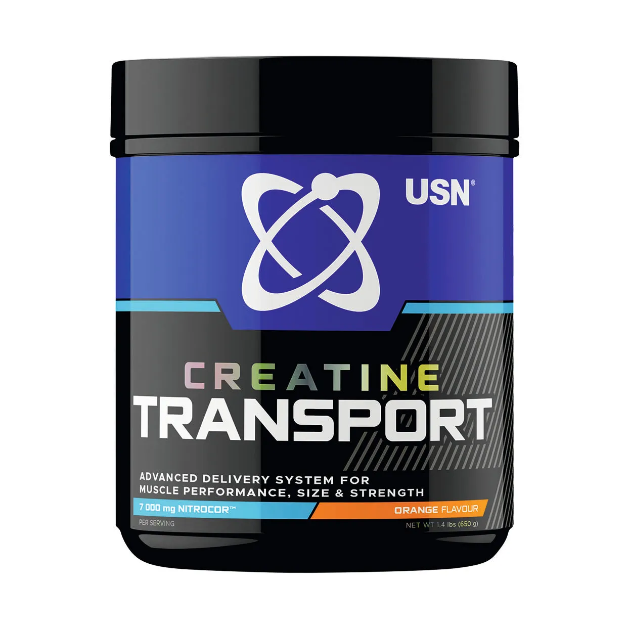 Front of USN Creatine Transport Orange Flavour 650g tub