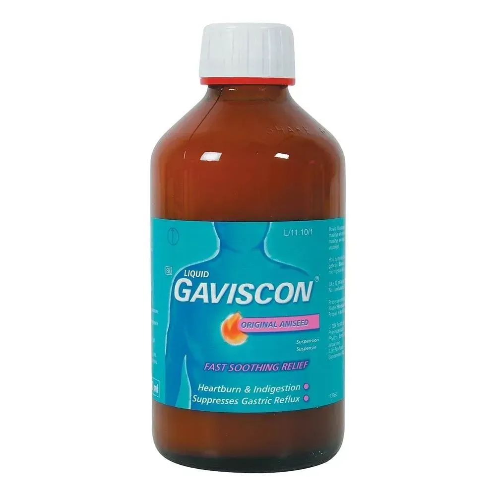 Front of Gaviscon Original Aniseed Liquid 600 ml bottle on white background