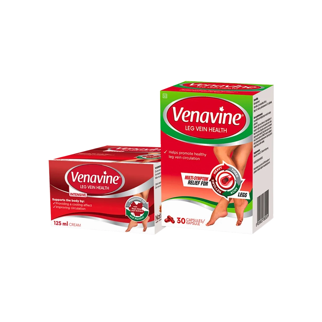 Front of Venavine Leg Vein Health 30 Capsules and Venavine Intensive 125 ml Cream boxes