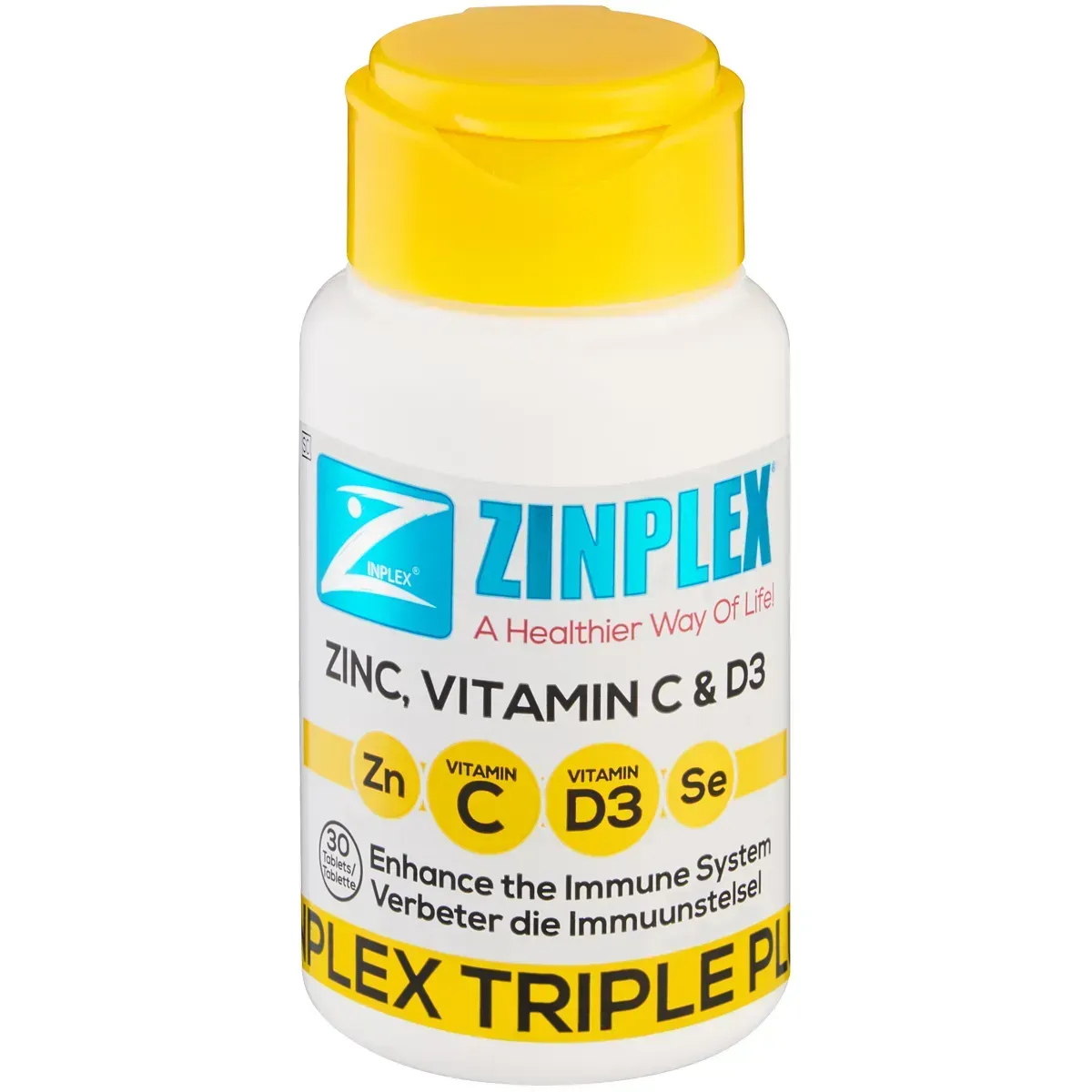 Front of Zinplex Triple Plus Zinc, Vitamin C & D3 30 tablets bottle on white background