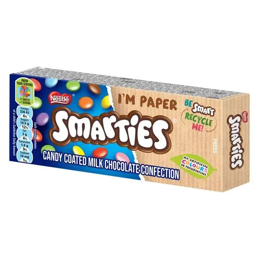 Angled view of Nestle Smarties Candy Coated Milk Chocolate Confection 40g tube