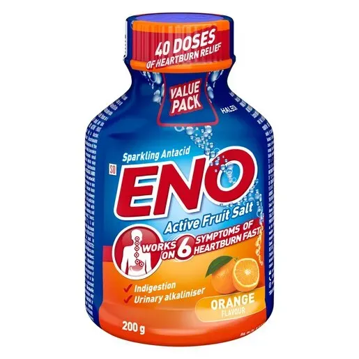 Front of ENO Active Fruit Salt Orange Flavour 200 g value pack bottle