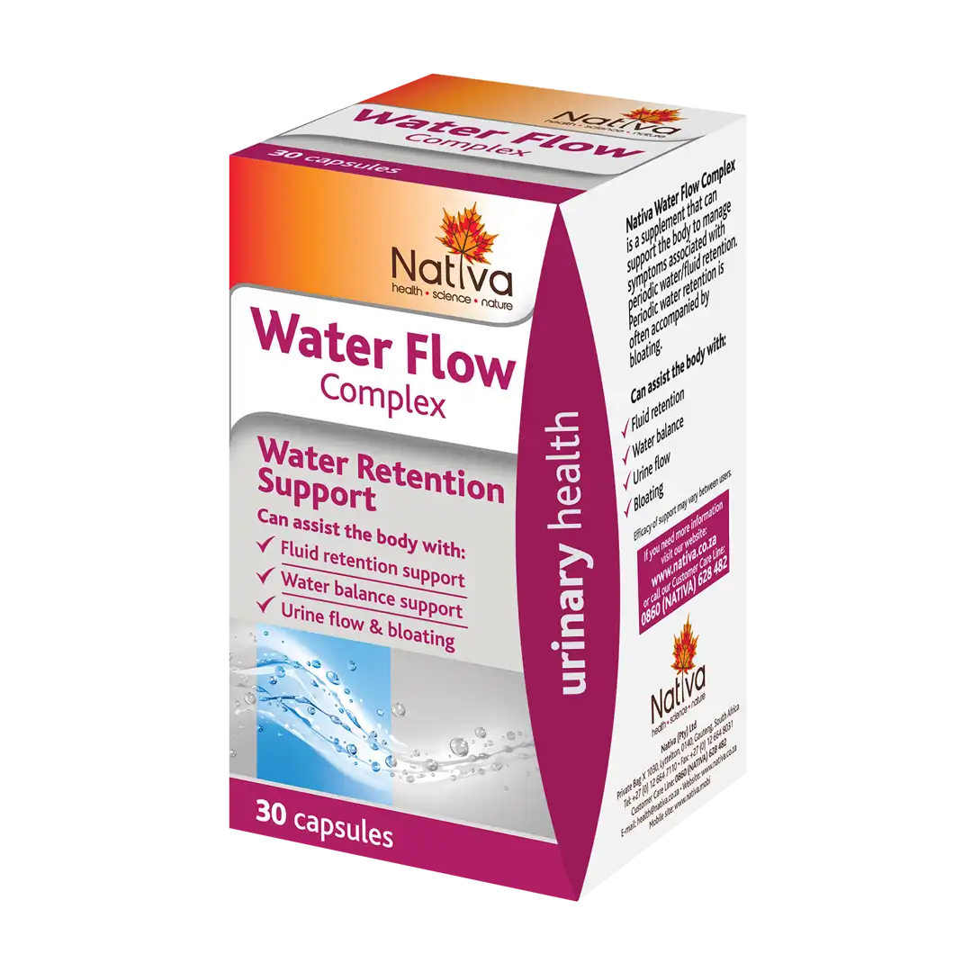 Angled view of Nativa Water Flow Complex 30 capsules box showing side panel details