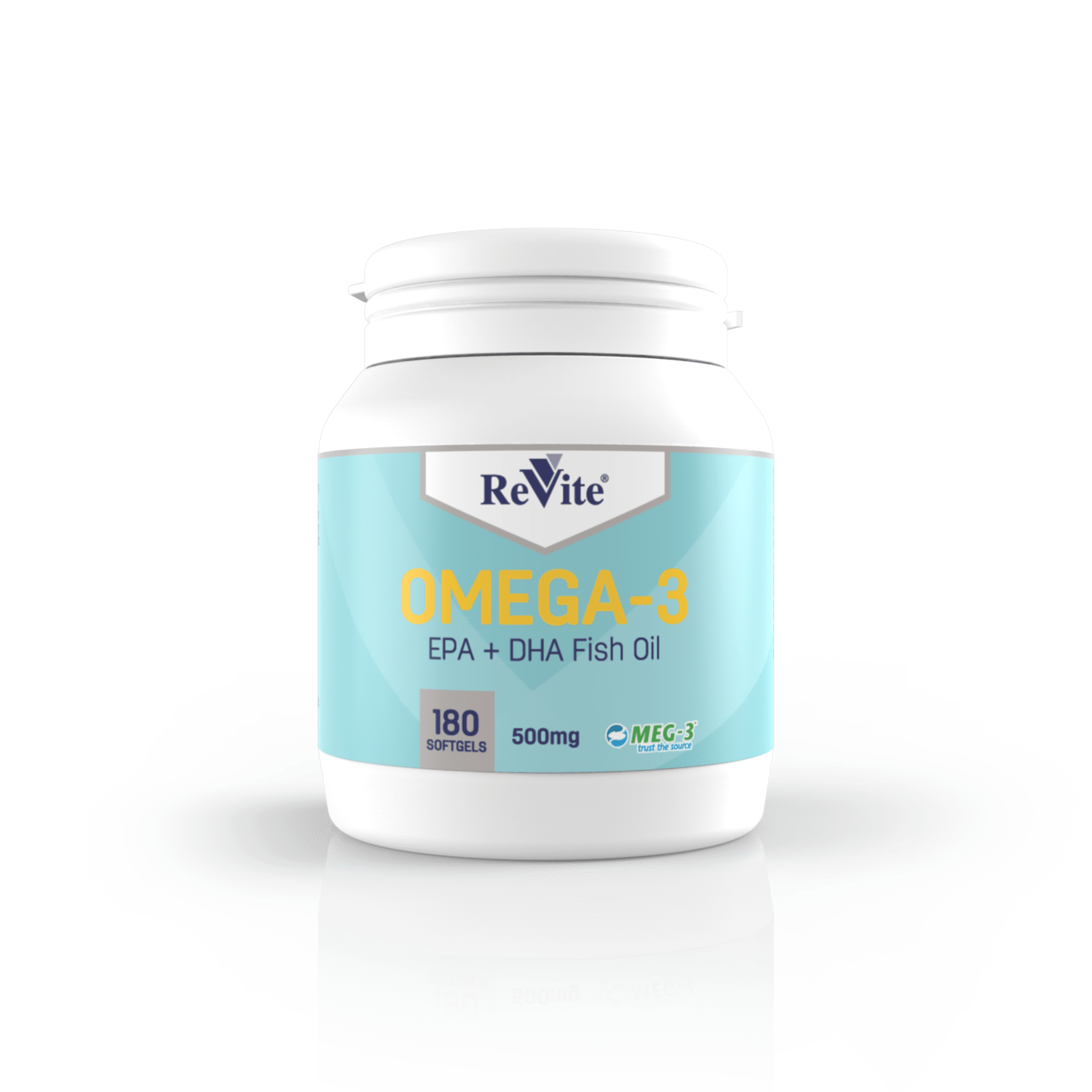 Front of Revite Omega-3 500mg Fish Oil bottle, 180 softgels