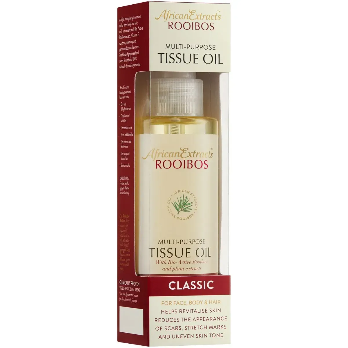 Angled front view of African Extracts Rooibos Classic Care Multi-Purpose Tissue Oil 125 ml box