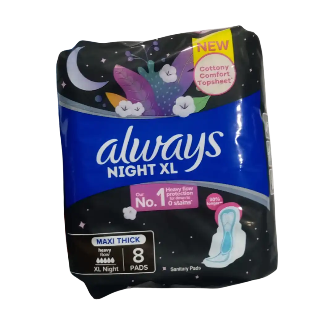 Front of Always Night XL Maxi Thick Sanitary Pads, 8 pads pack