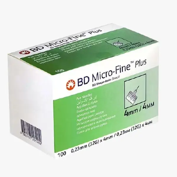 Front angled view of BD Micro-Fine Plus Pen Needles 32G 4mm box of 100