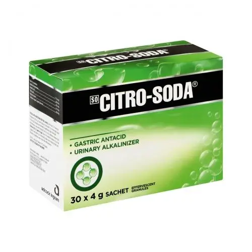 Front angled view of Adcock Ingram Citro-Soda effervescent granules box, 30 sachets