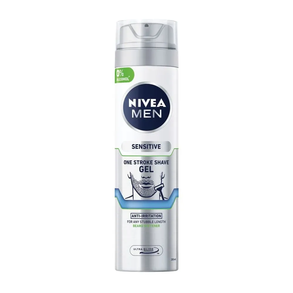 Front of Nivea Men Sensitive One Stroke Shave Gel 200 ml can
