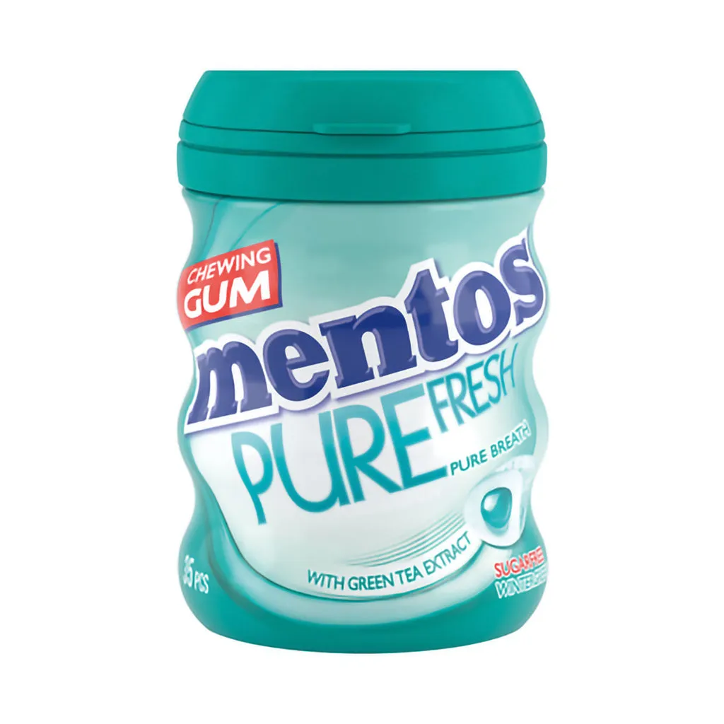 Front of Mentos Pure Fresh Chewing Gum Wintergreen Sugarfree 35 pieces bottle