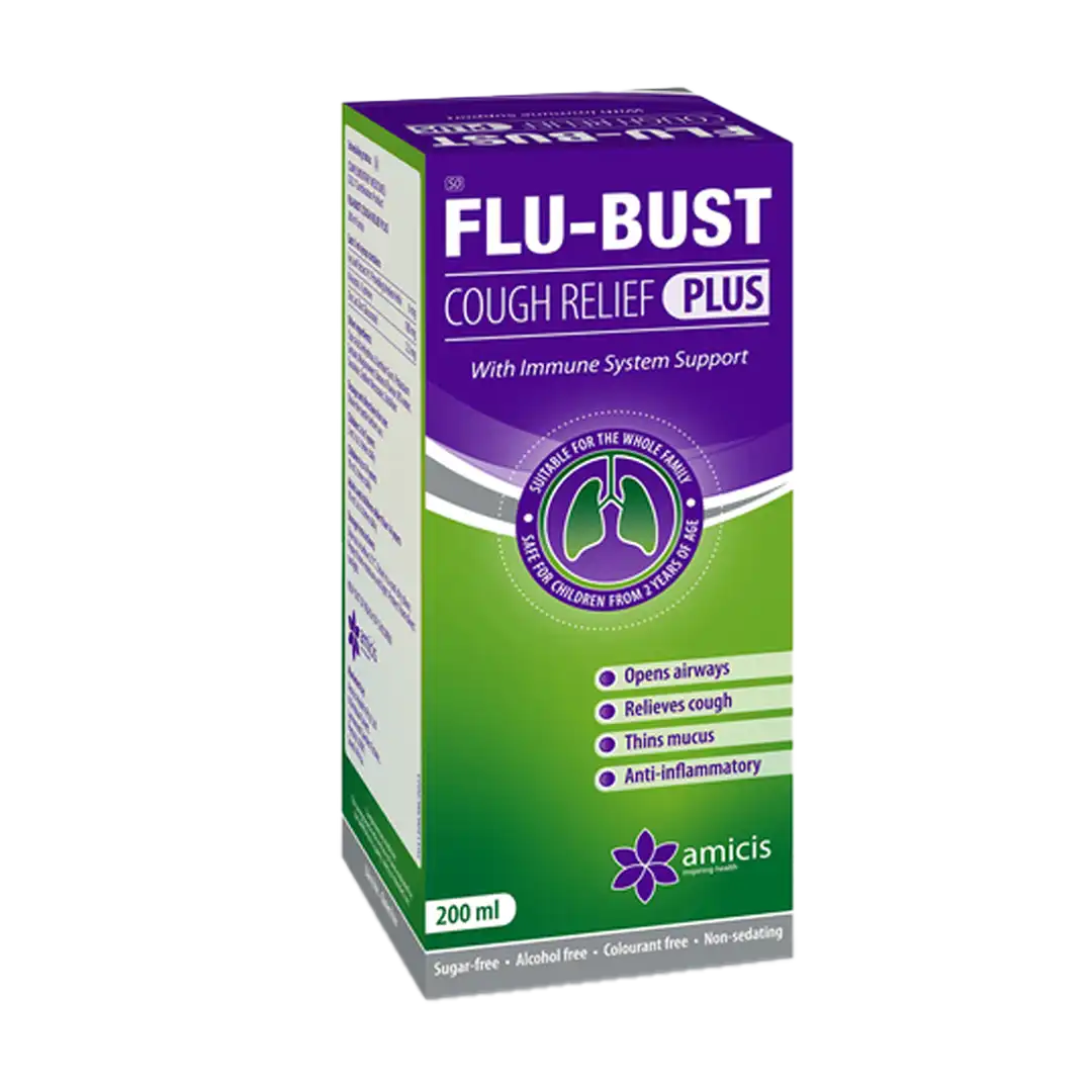 Front of Flu-Bust Cough Relief Plus Syrup, 200ml carton