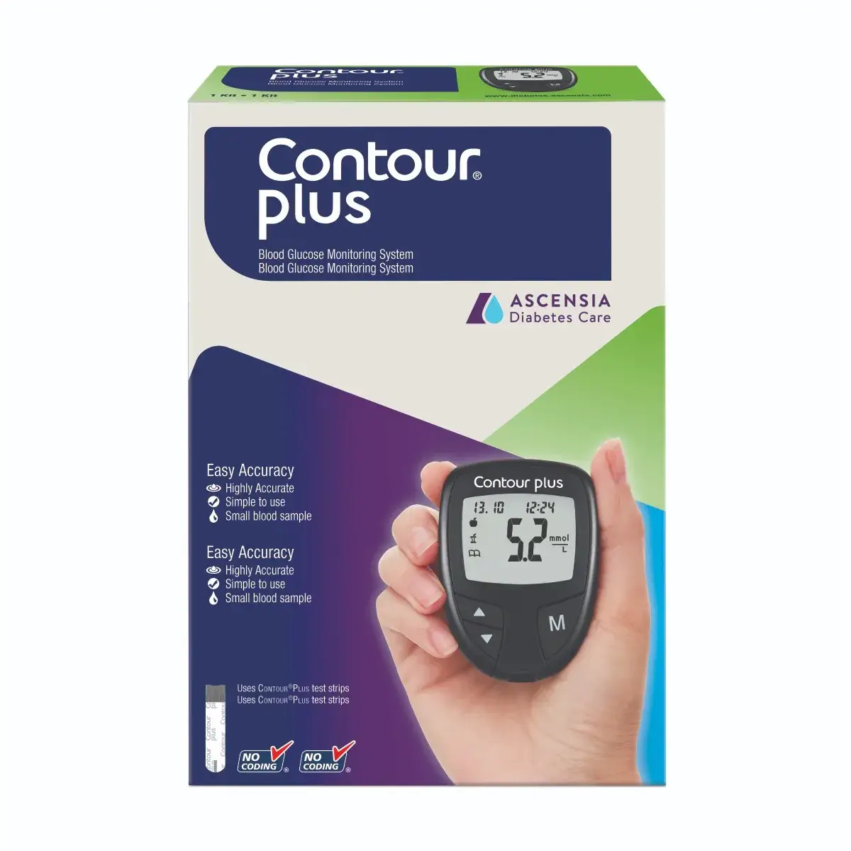 Front of Contour Plus Blood Glucose Monitoring System kit box, 1 kit