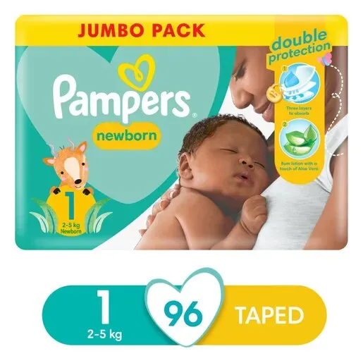 Front of Pampers New Baby Newborn Size 1 Jumbo Pack, 96 nappies