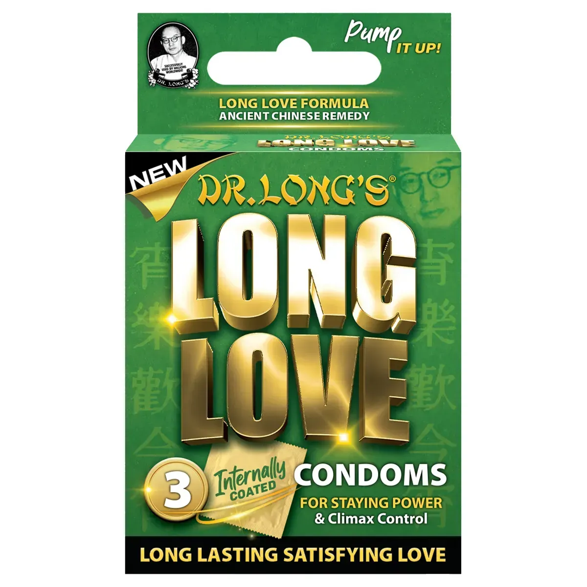 Front of Dr Long's Long Love Condoms box, pack of 3