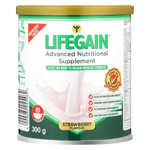 Front of Nativa Lifegain Advanced Nutritional Supplement Strawberry Flavour 300 g tin