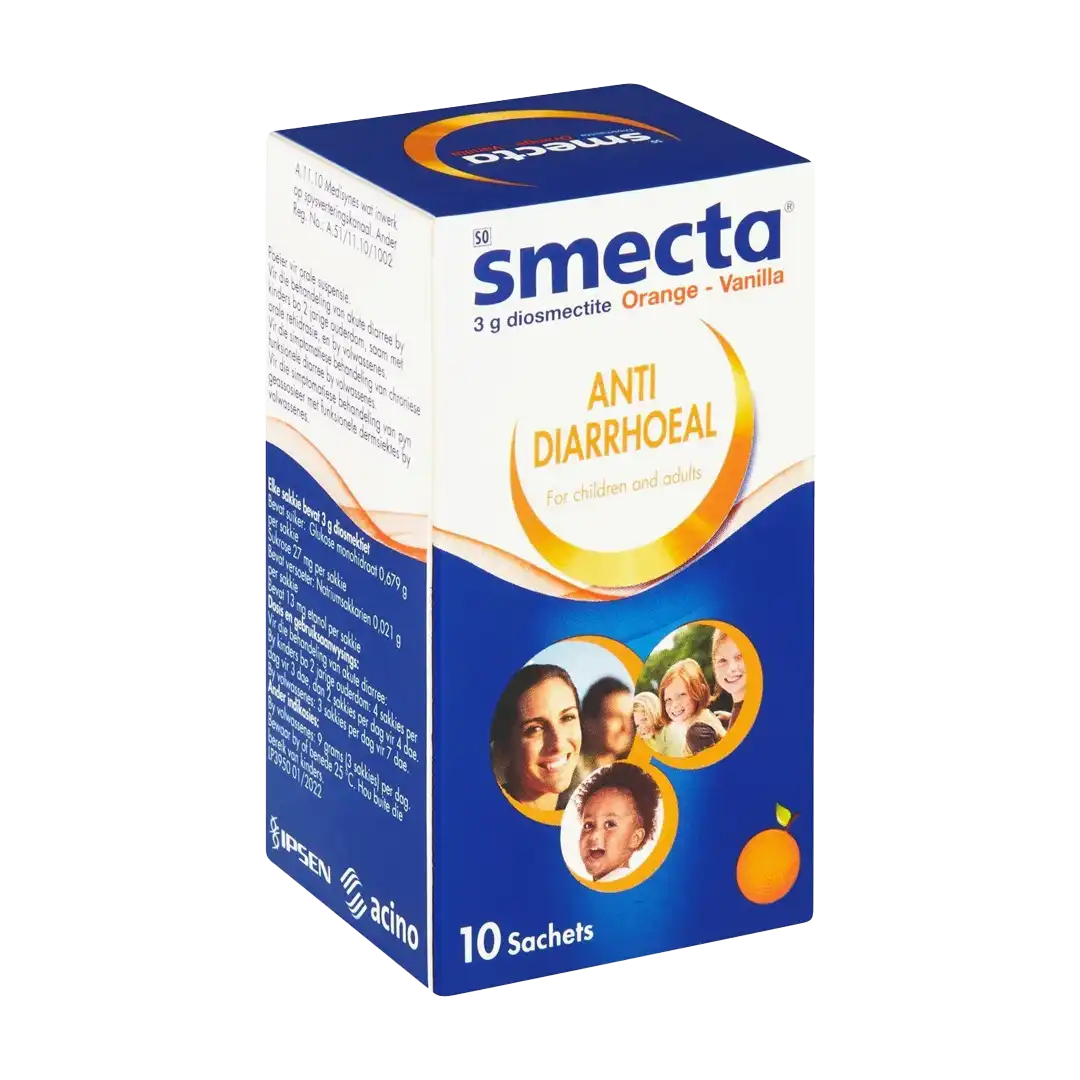 Front angled view of Smecta 3g Orange-Vanilla Anti Diarrhoeal 10 Sachets box