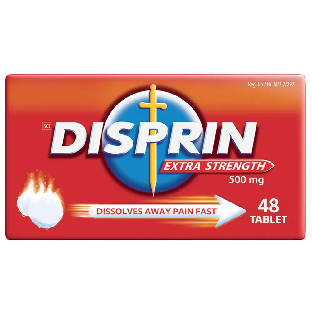 Front of Disprin Extra Strength 500 mg 48 tablets box on white background