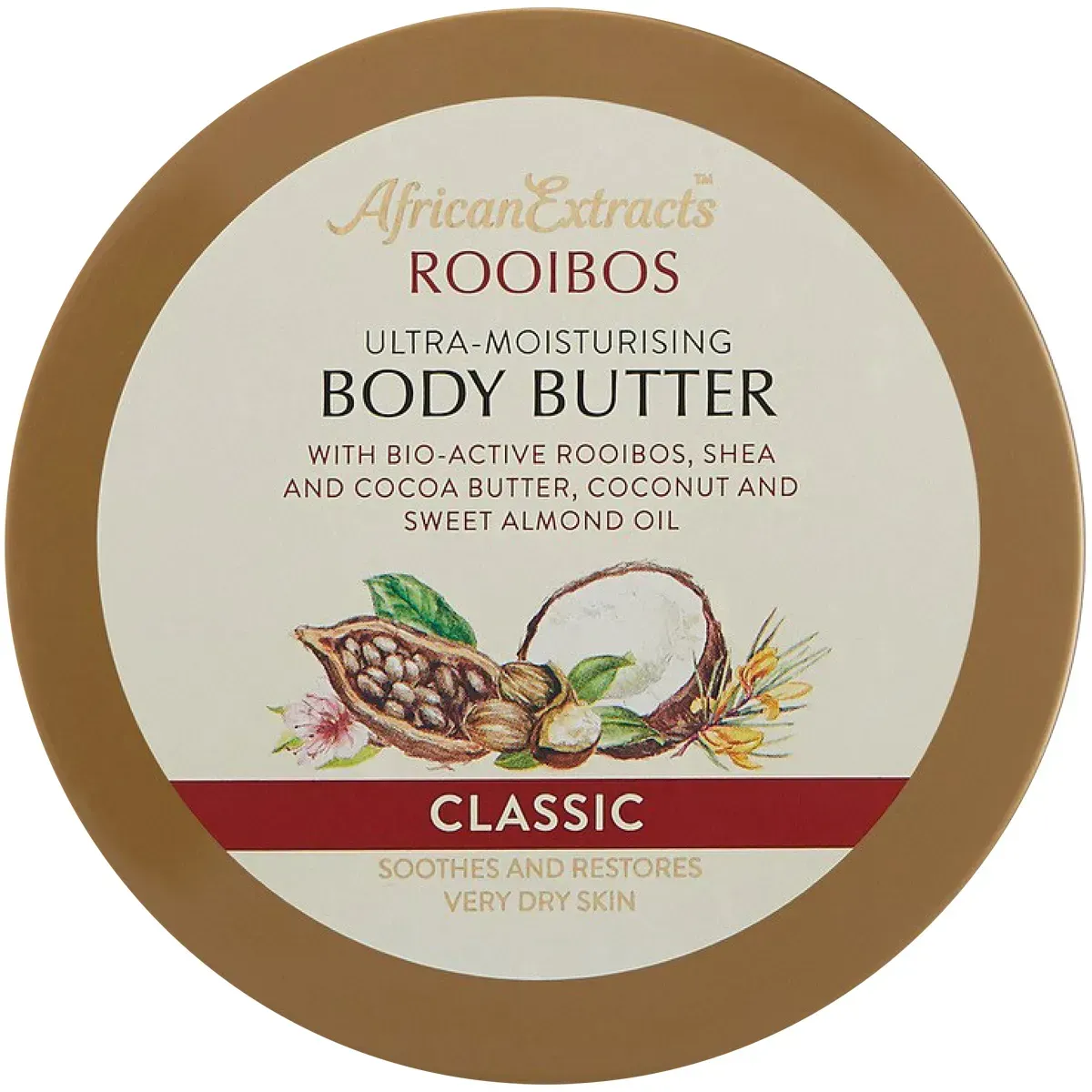 Top view of African Extracts Rooibos Body Butter tub, 250 ml