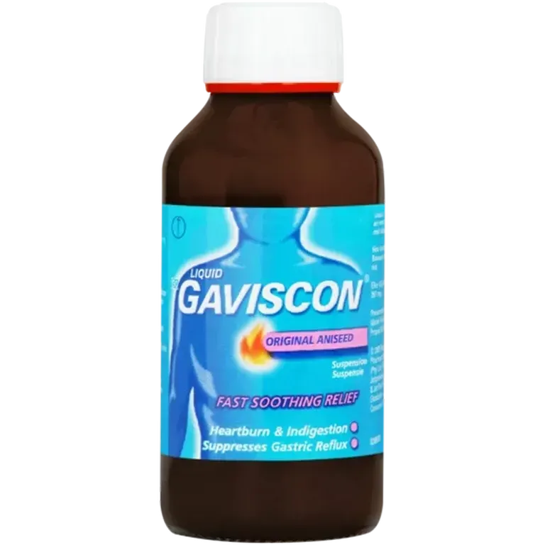 Front of Gaviscon Original Aniseed Liquid 150 ml bottle on white background