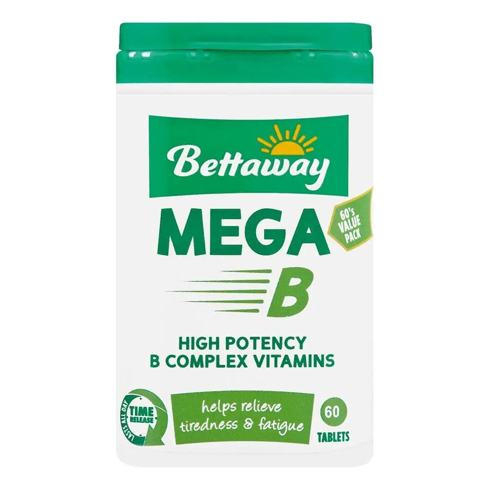 Front of Bettaway Mega-B High Potency B Complex Vitamins 60 tablets bottle