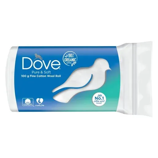 Front of Dove Pure & Soft Fine Cotton Wool Roll 100 g pack