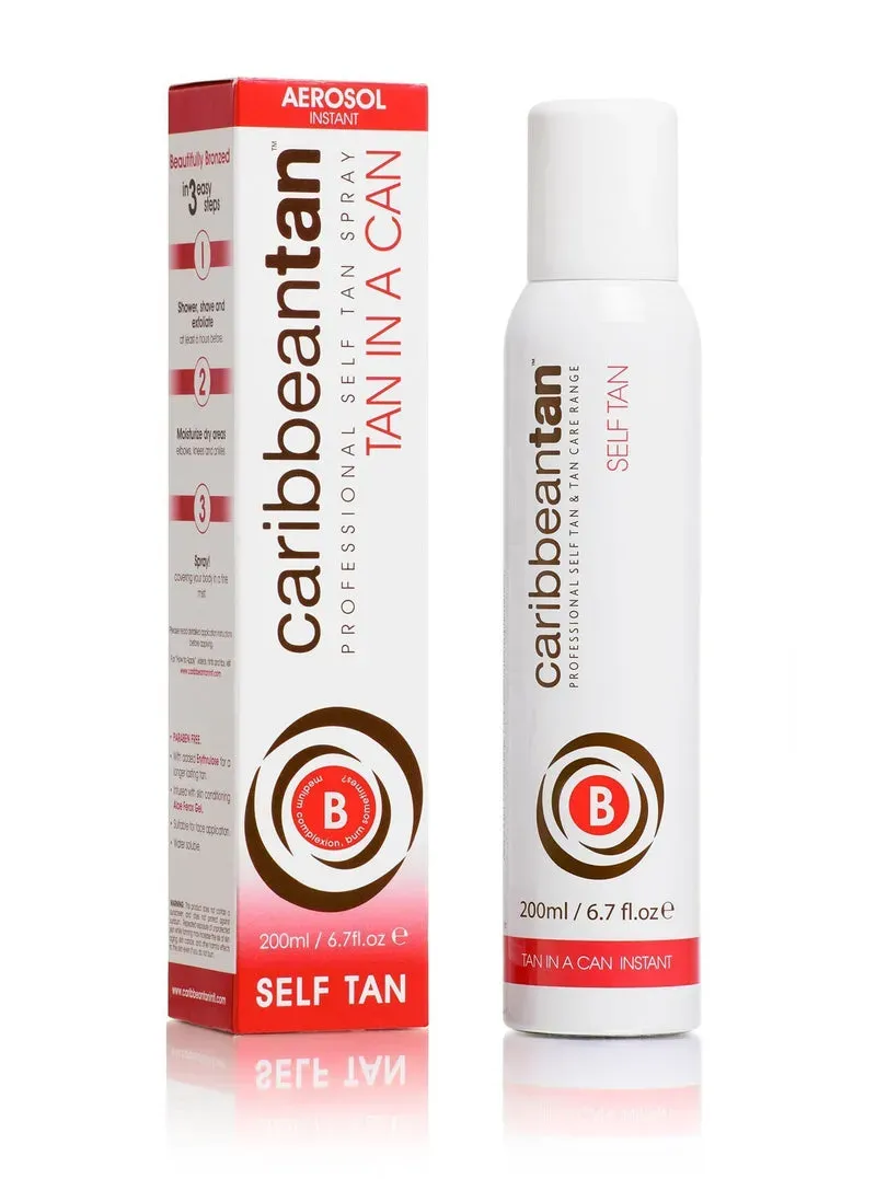 Front of Caribbean Tan Instant Type B Self Tan Spray 200ml box and can