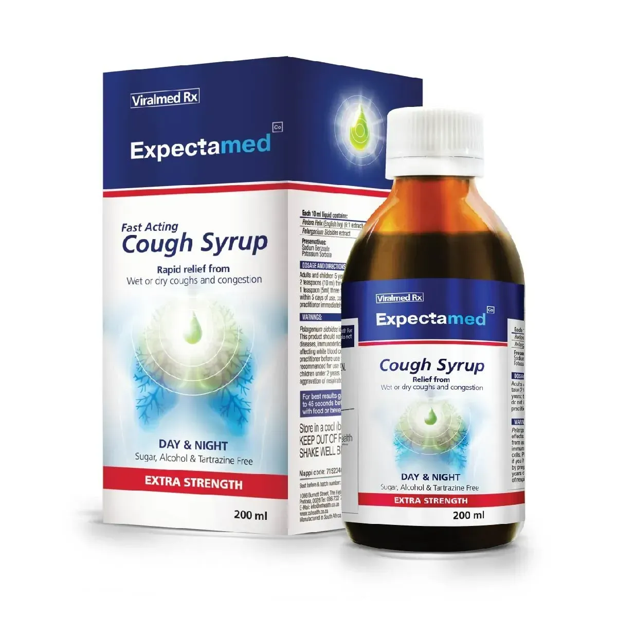 Front angled view of Expectamed Extra Strength Cough Syrup box and 200 ml bottle