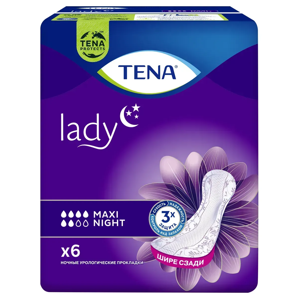 Front of TENA Lady Maxi Night pads, pack of 6