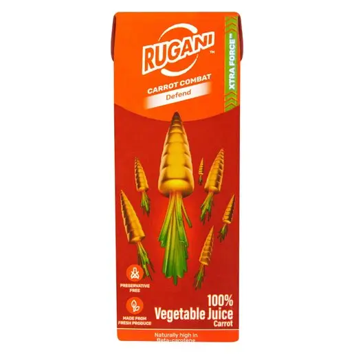 Front of Rugani Carrot Combat Defend 100% Vegetable Juice 330 ml carton