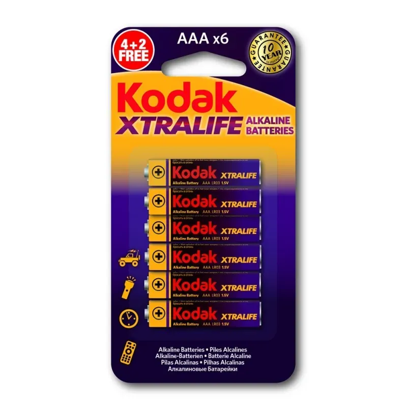 Front of Kodak Xtralife Alkaline AAA x6 batteries blister pack