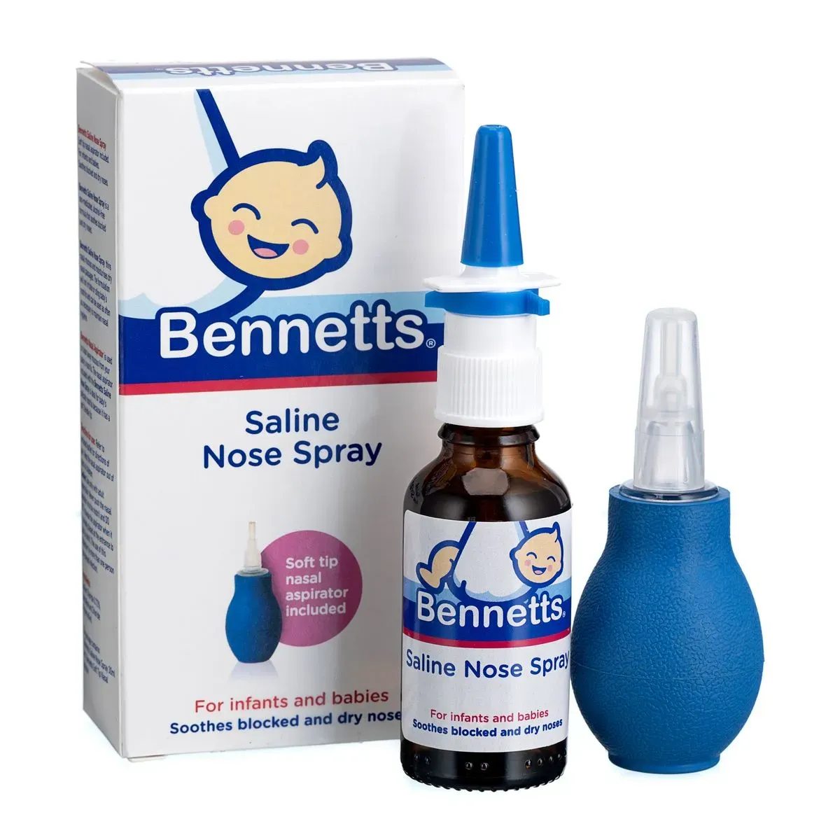 Bennetts Saline Nose Spray 30ml bottle, box and nasal aspirator set