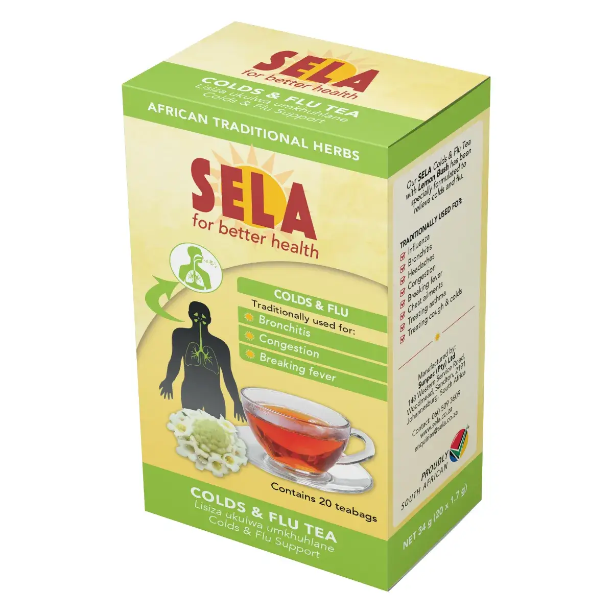 Angled front view of Sunpac Sela Colds & Flu Tea 20 teabags box on white background