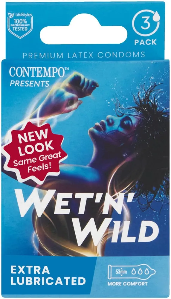 Contempo Wet n Wild Extra Lubricated Premium Latex Condoms 3pk