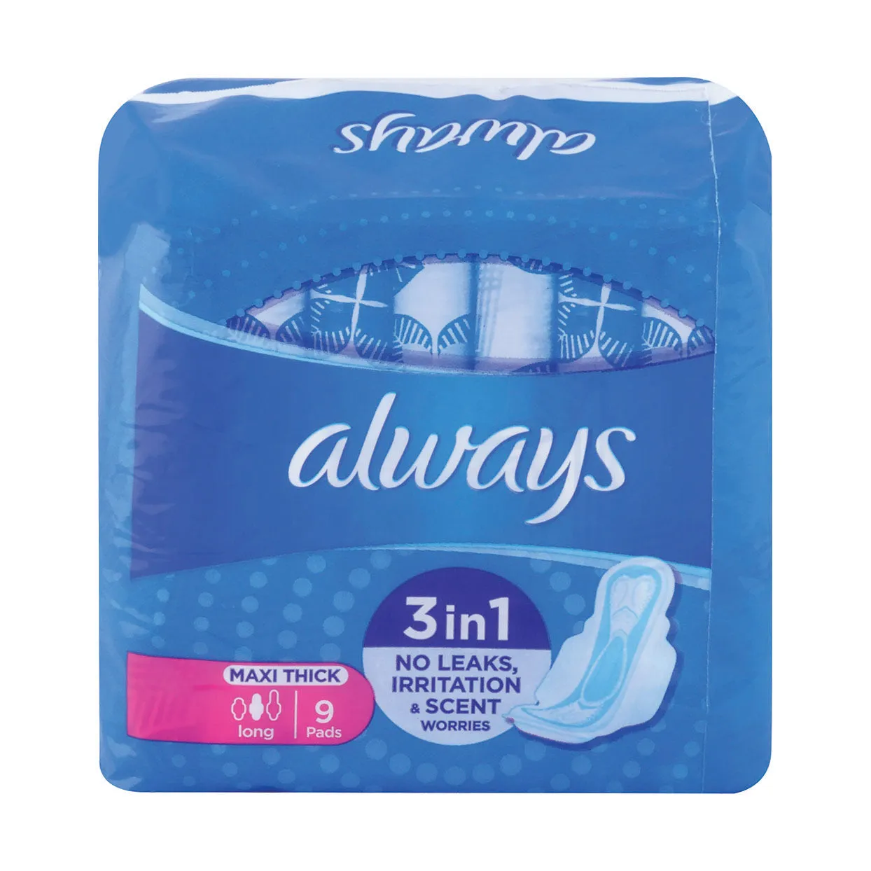Front of Always Maxi Thick Long 3in1 Sanitary Pads, 9 Pads pack