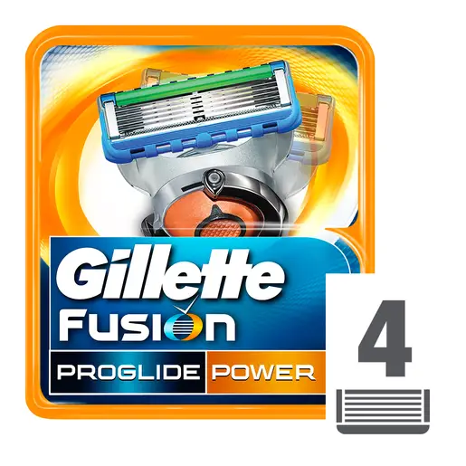 Front of Gillette Fusion ProGlide Power razor blade cartridges, pack of 4