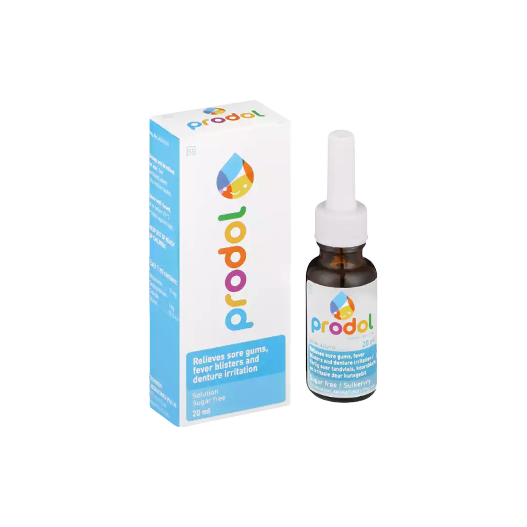 Front of Brunel Laboratoria Prodol Teething Solution 20ml box and bottle