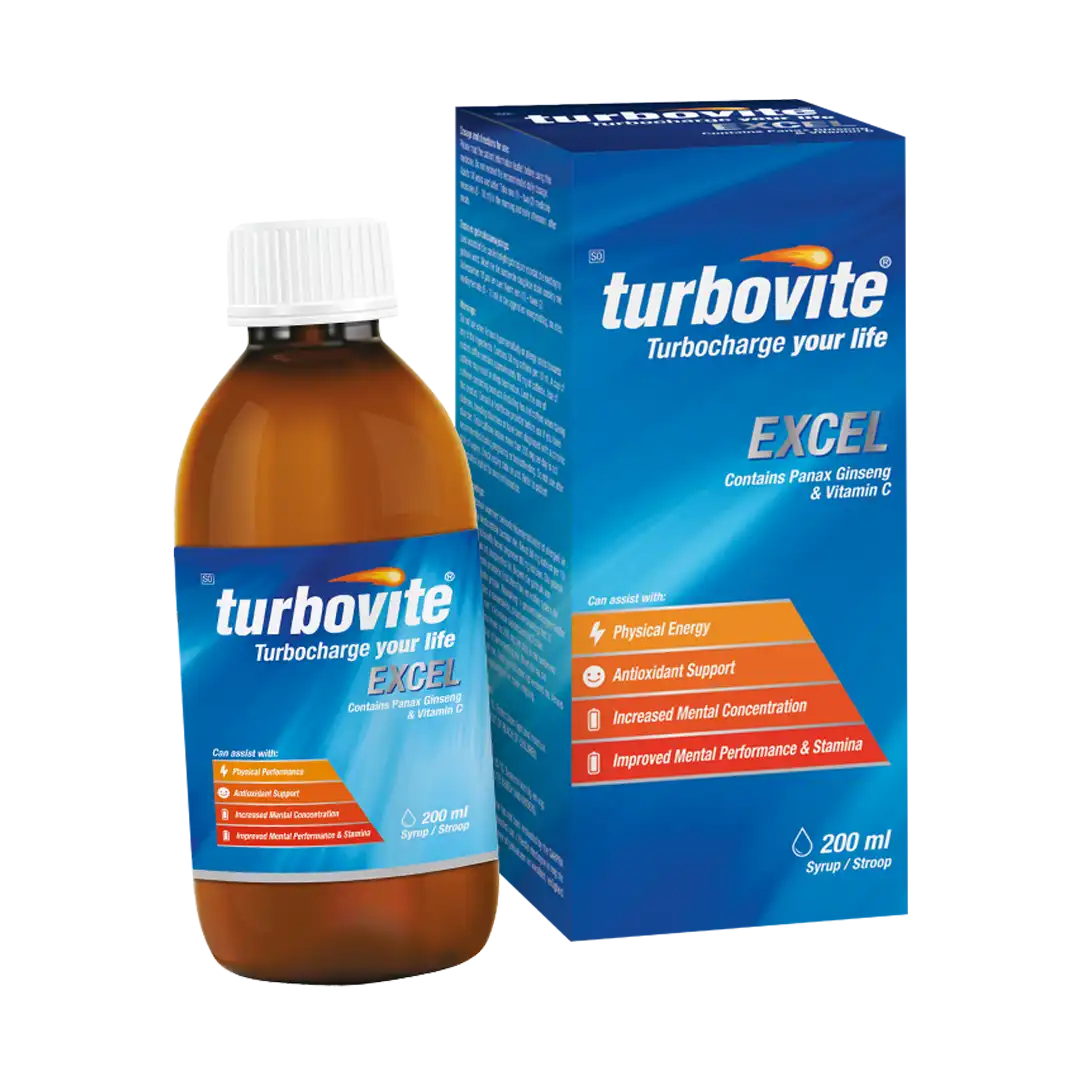 Turbovite Excel Syrup 200ml bottle and box, front angled view