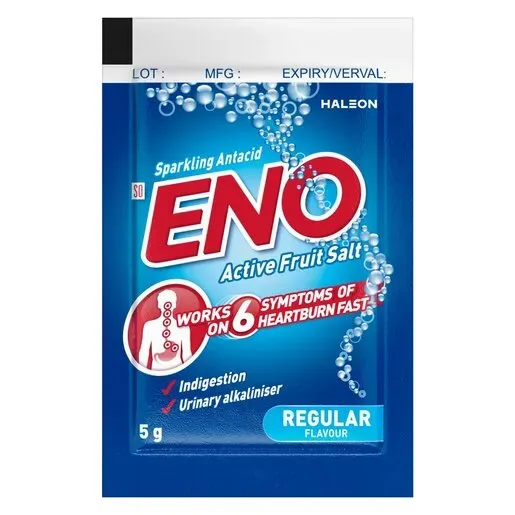 Front of ENO Regular Flavour Sparkling Antacid Active Fruit Salt 5 g sachet